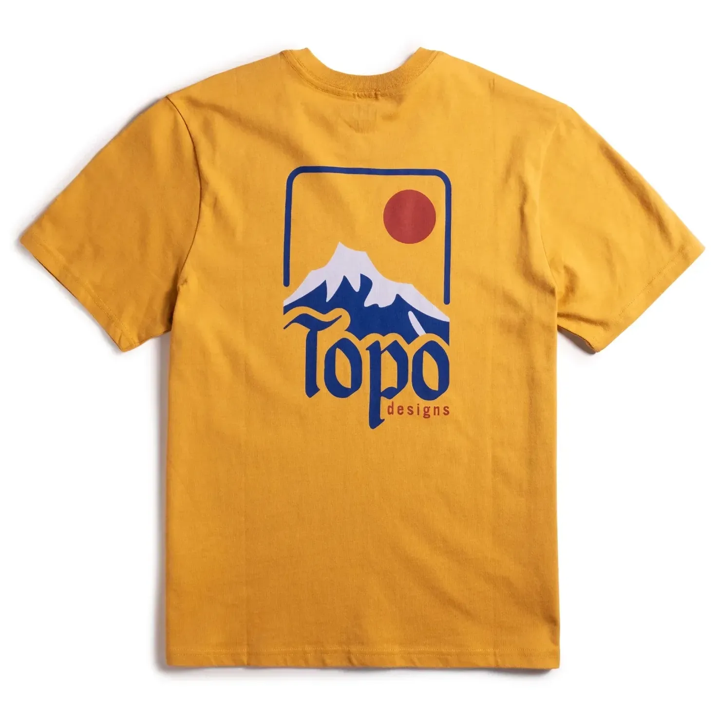 Back view of TOPO DESIGNS Peak Tee in Goldenrod with large mountain-inspired graphic print