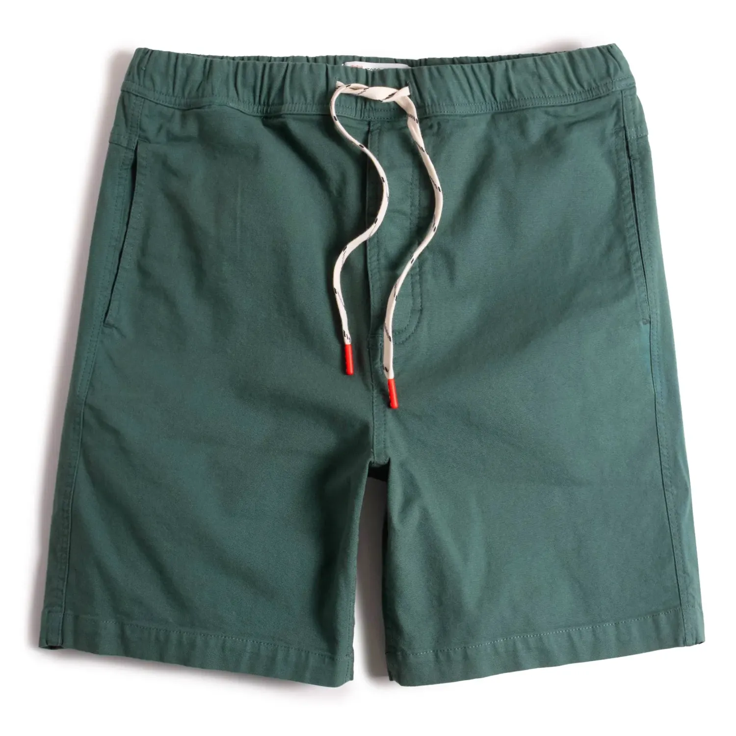 Front view of TOPO DESIGNS Dirt Shorts in evergreen with elastic drawcord waistband