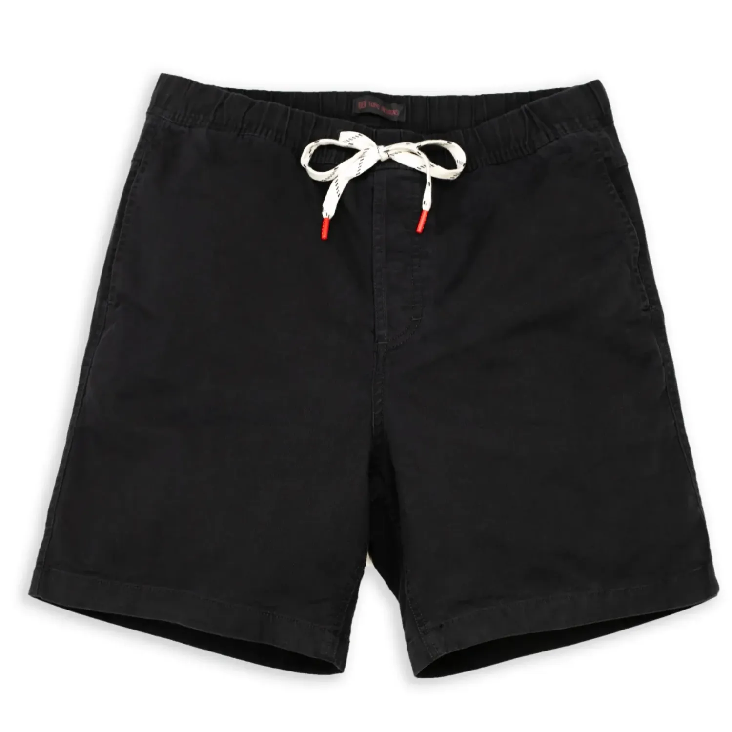 Front view of TOPO DESIGNS Dirt Shorts in black with elastic drawcord waistband