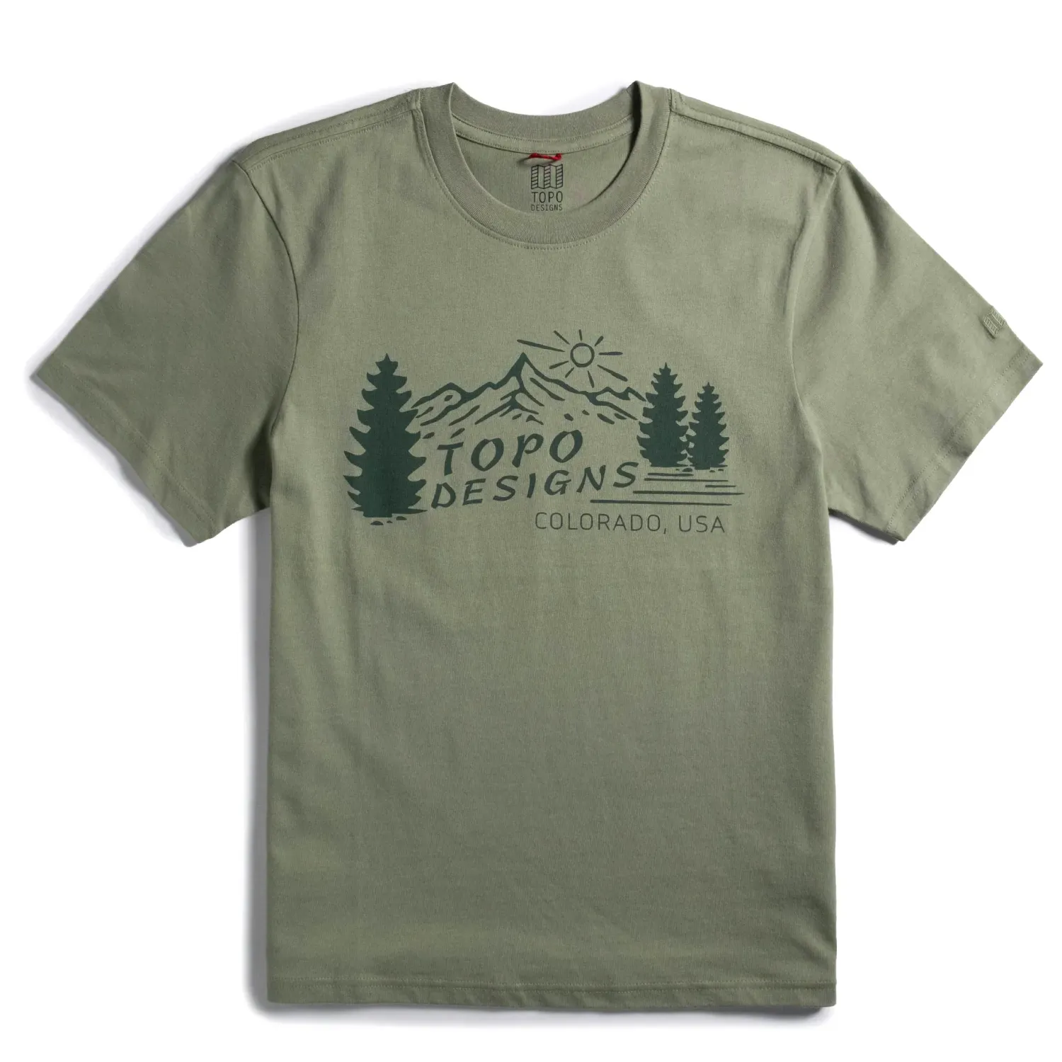 Front view of TOPO DESIGNS Mountain Scene Tee in Oil Green with outdoor-inspired mountain graphic