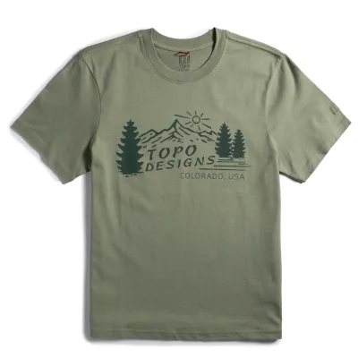 Front view of TOPO DESIGNS Mountain Scene Tee in Oil Green with outdoor-inspired mountain graphic