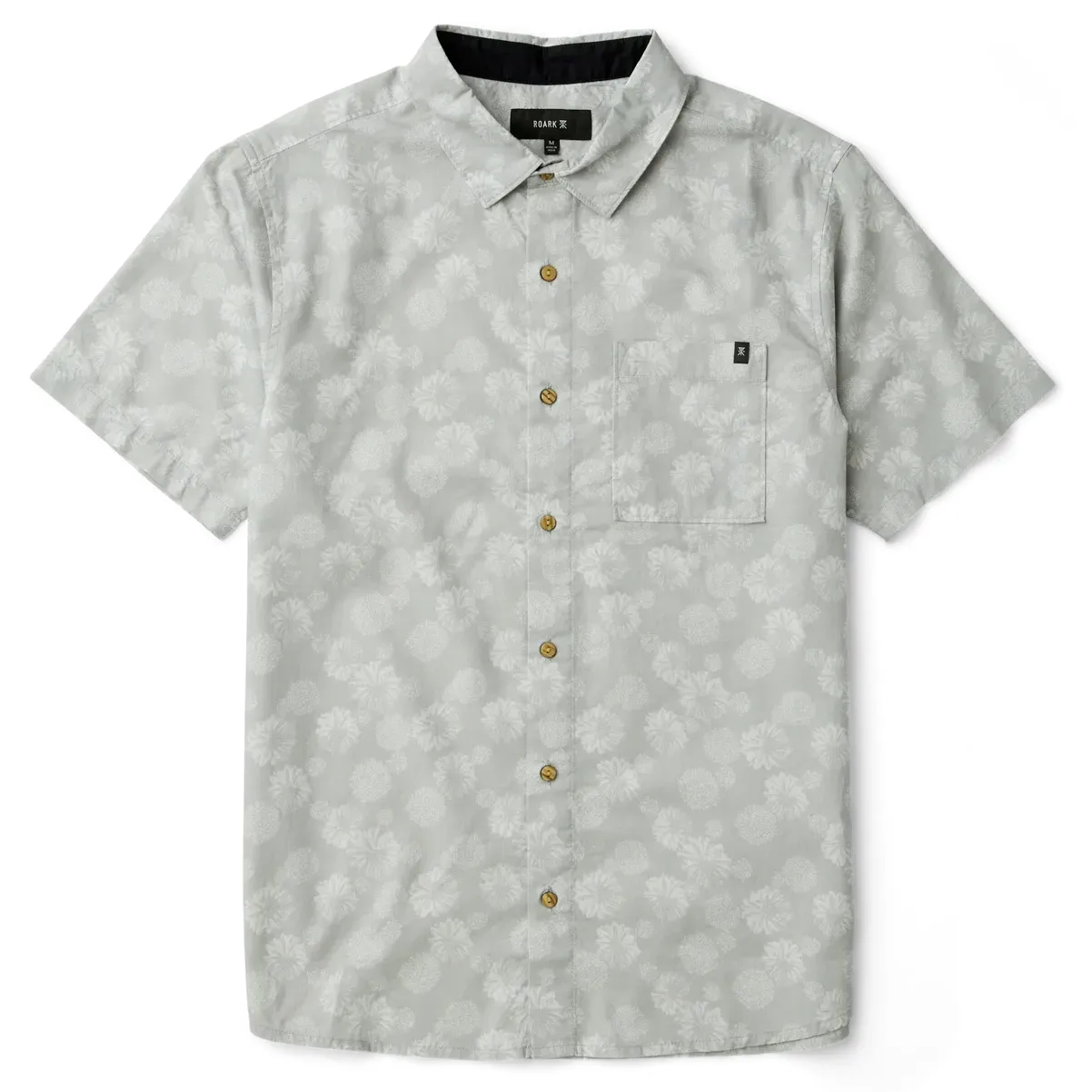 Front flat lay view of ROARK Journey Short Sleeve Button Up Shirt in Grey