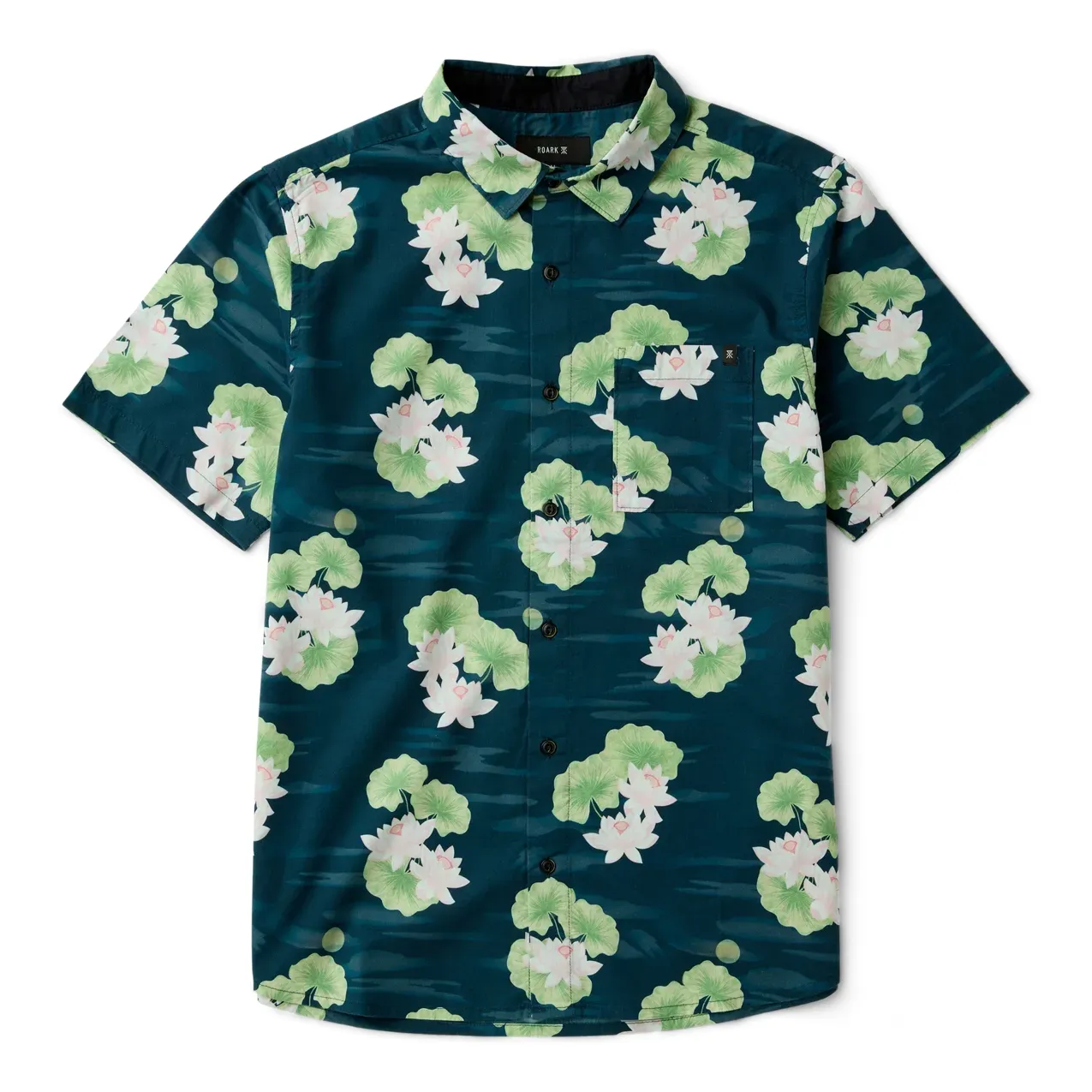 Front flat lay view of ROARK Journey Short Sleeve Button Up Shirt in Navy Floral