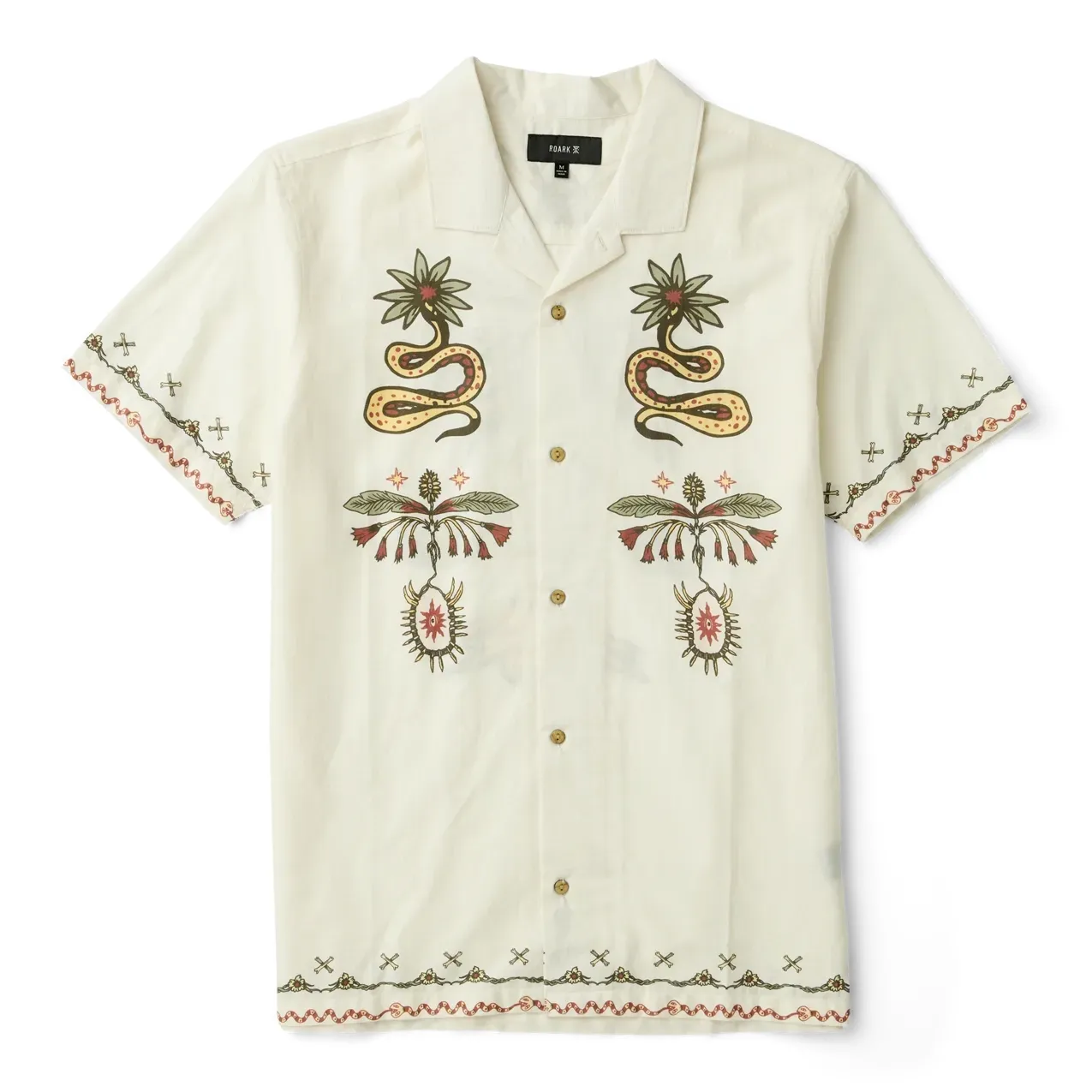Front flat lay of ROARK Gonzo Short Sleeve Button Up Shirt in Unbleached with custom artwork