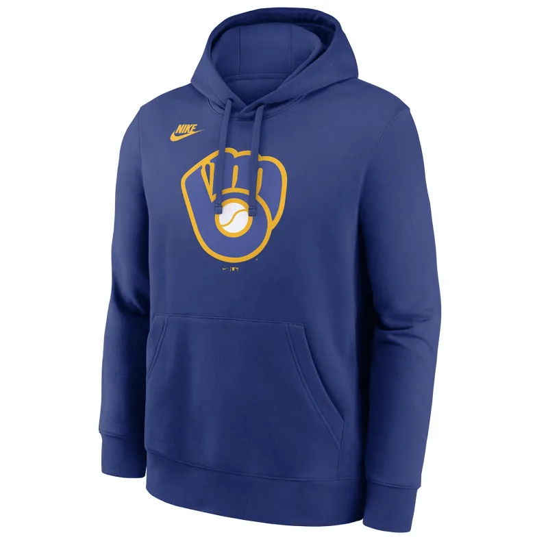 Front view of Nike Milwaukee Brewers Cooperstown hoodie in royal blue with vintage logo.