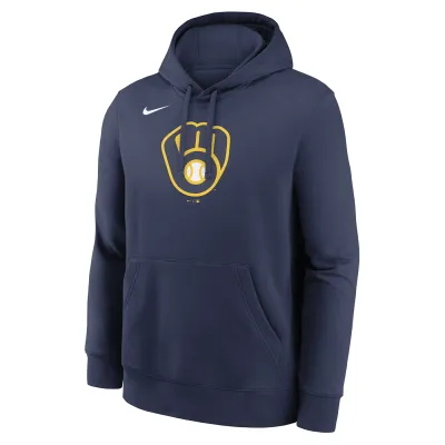 Front view of Nike Milwaukee Brewers hoodie in navy with team logo.