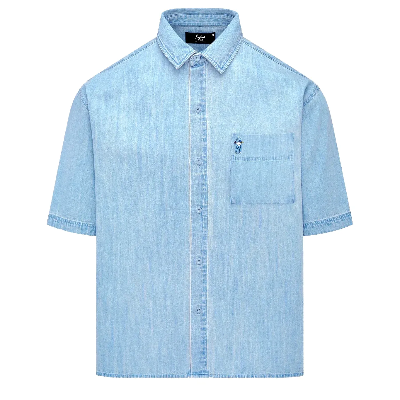 Front view of the Eastside Golf Boxford Shirt in Indigo with chest pocket and button-up closure