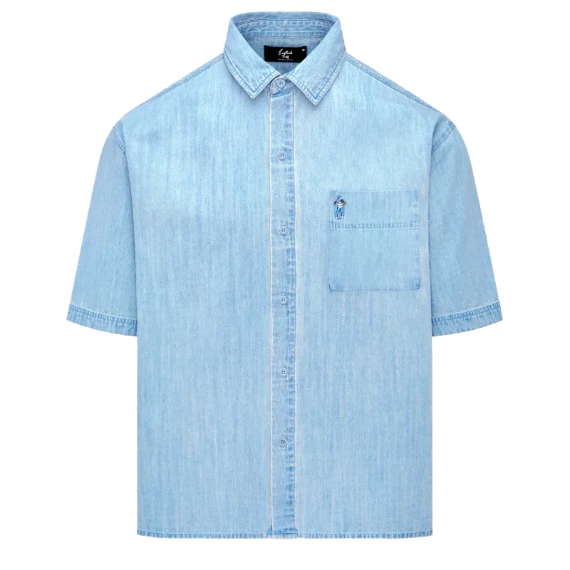 Front view of the Eastside Golf Boxford Shirt in Indigo with chest pocket and button-up closure