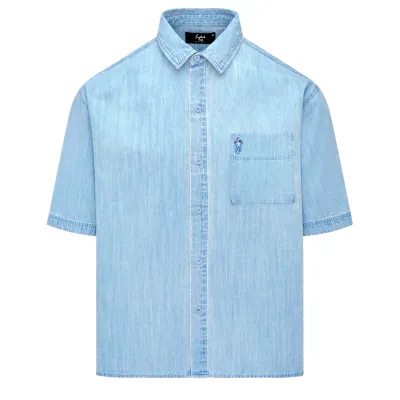 Front view of the Eastside Golf Boxford Shirt in Indigo with chest pocket and button-up closure