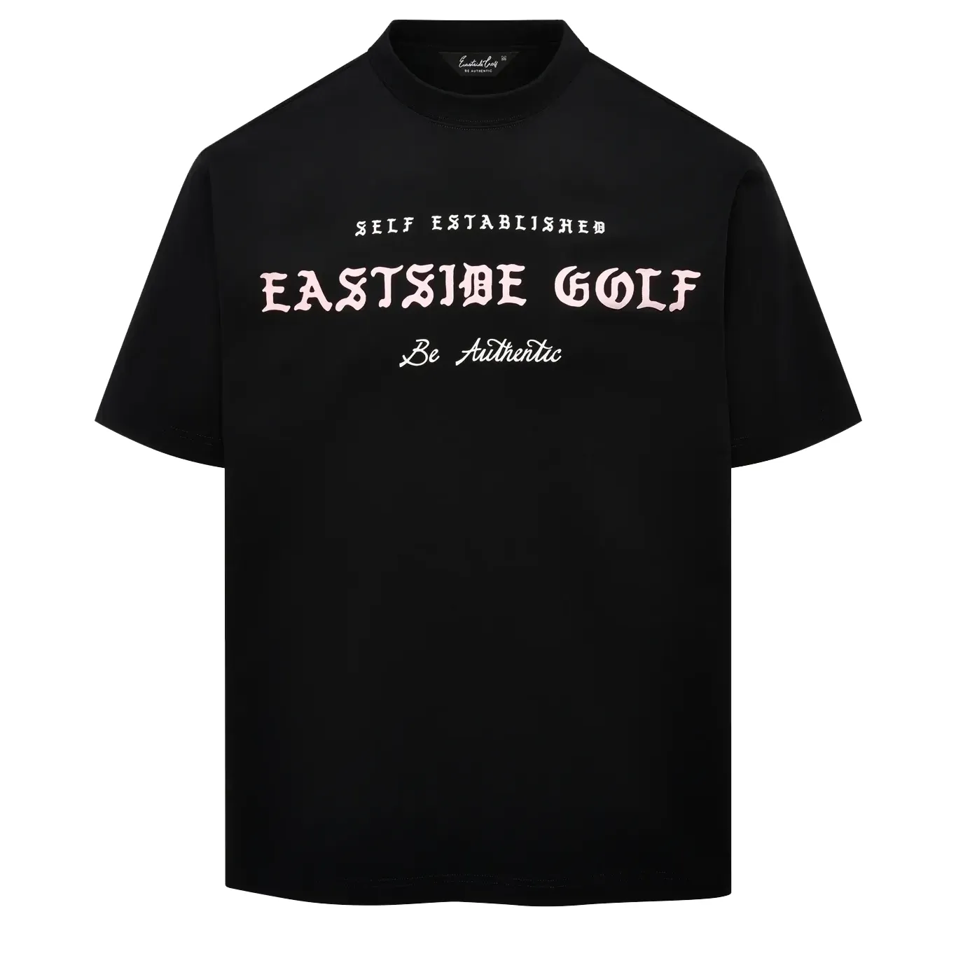 Front view of the Eastside Golf Headline Tee in Black with oversized graphic text