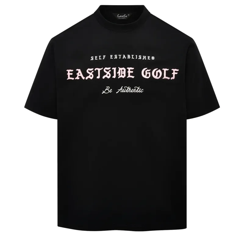 Front view of the Eastside Golf Headline Tee in Black with oversized graphic text