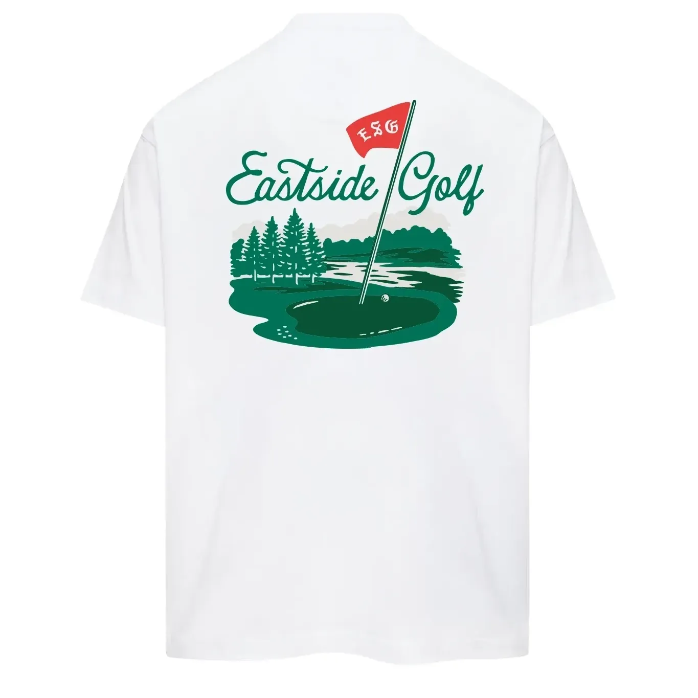 Back view of the Eastside Golf Pin High Tee featuring large golf course graphic and Eastside Golf branding