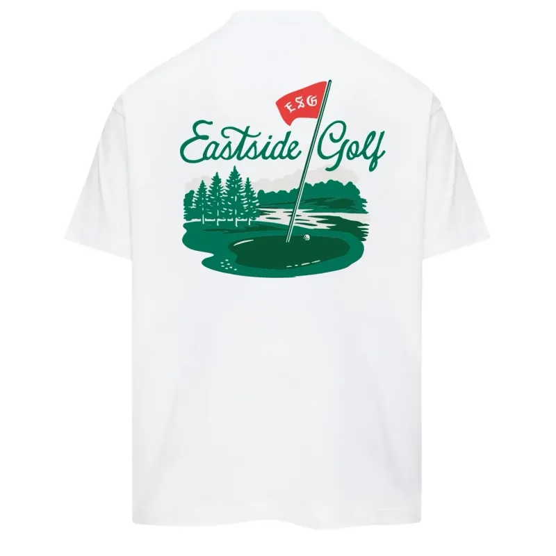 Back view of the Eastside Golf Pin High Tee featuring large golf course graphic and Eastside Golf branding