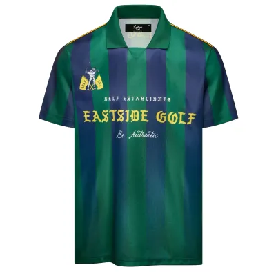 Front view of the Eastside Golf Pitch Jersey in Navy and Verde with striped soccer-inspired design