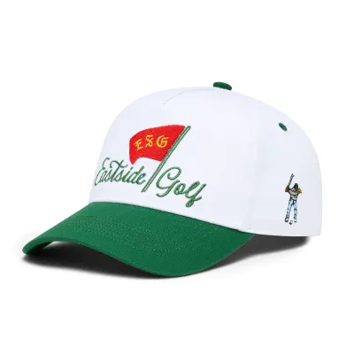Angled front view of the Eastside Golf Pin High 5 Panel Hat showing curved green brim and side logo embroidery