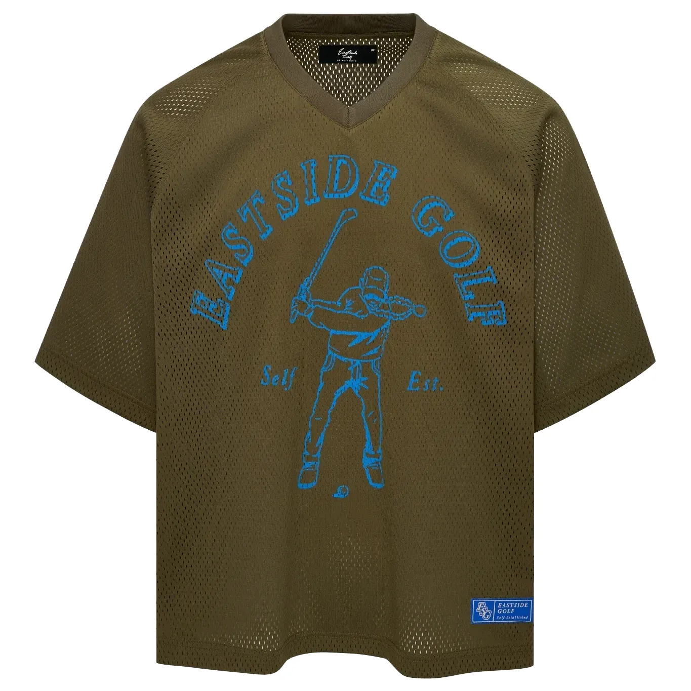Front view of the Eastside Golf Field Jersey in Coco with oversized mesh construction and bold blue graphics