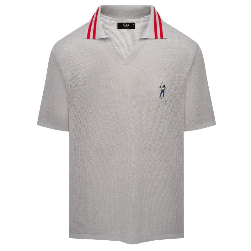 Front view of the Eastside Golf Johnny Polo Shirt in grey with striped Johnny collar