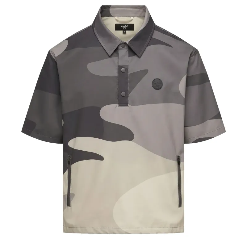 Front view of the Eastside Golf Breaker Polo in grey camo with zip pockets and oversized fit