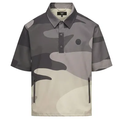 Front view of the Eastside Golf Breaker Polo in grey camo with zip pockets and oversized fit