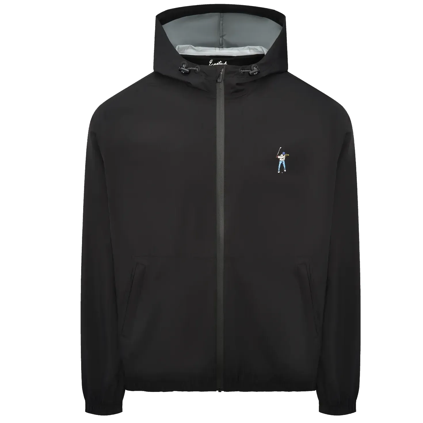 Front view of the Eastside Golf Flyweight Rain Jacket in black with full-zip closure and hood