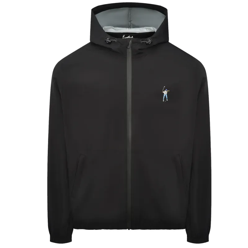 Front view of the Eastside Golf Flyweight Rain Jacket in black with full-zip closure and hood
