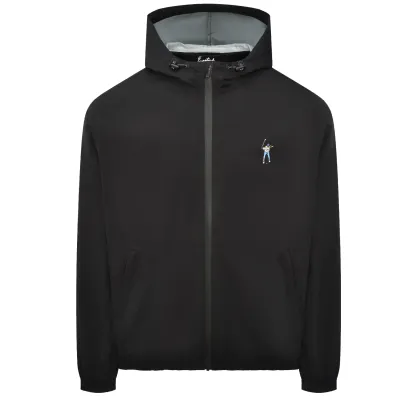 Front view of the Eastside Golf Flyweight Rain Jacket in black with full-zip closure and hood