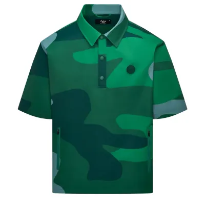 Front view of the Eastside Golf Breaker Polo in verde camo with zip pockets and oversized fit