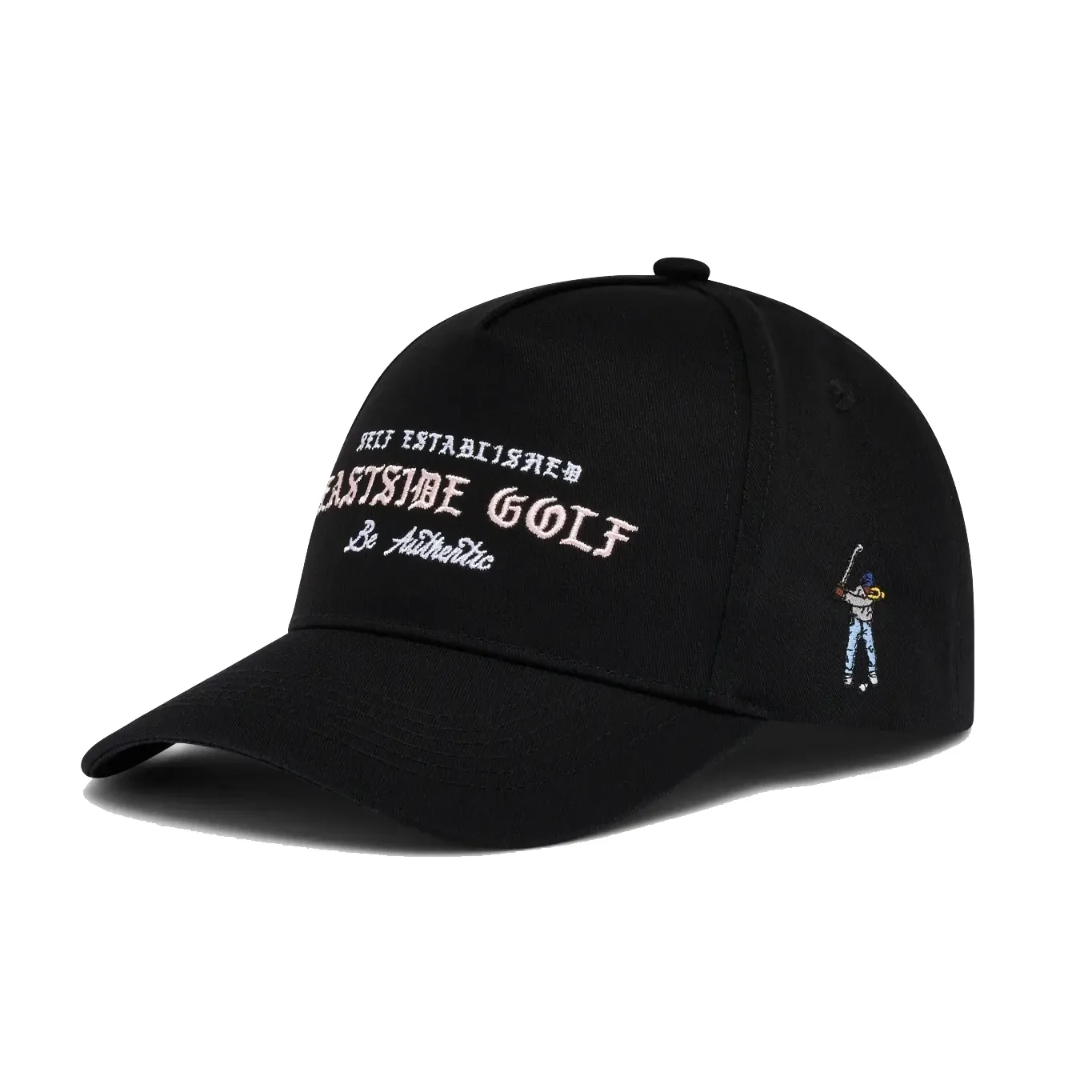 Angled front view of the Eastside Golf Headline 5-Panel Hat in black with embroidered branding