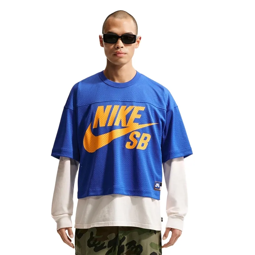 Front view of Nike SB Mesh Football Jersey with oversized orange Nike SB logo