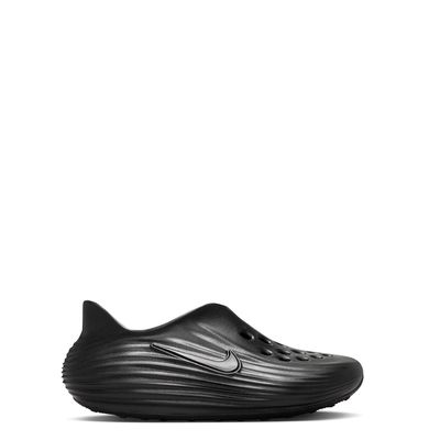 Medial side profile of Nike ReactX Rejuven8 GS in all-black foam construction with slip-on shape