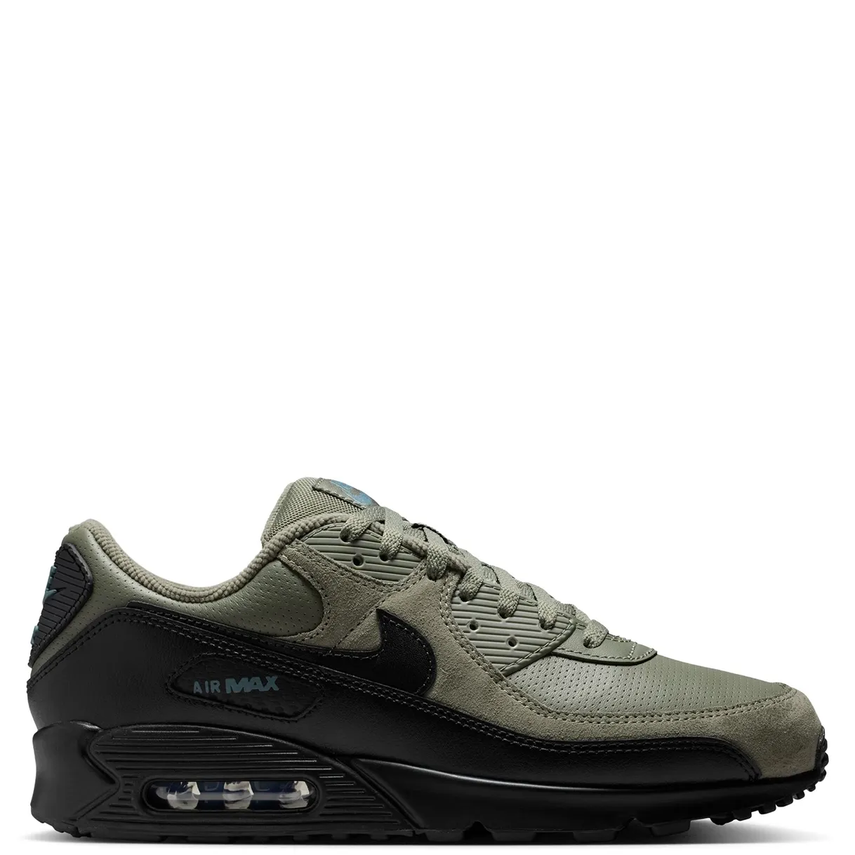 Medial side view of Nike Air Max 90 in Silver Sage with textured overlays and Air cushioning
