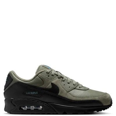 Medial side view of Nike Air Max 90 in Silver Sage with textured overlays and Air cushioning