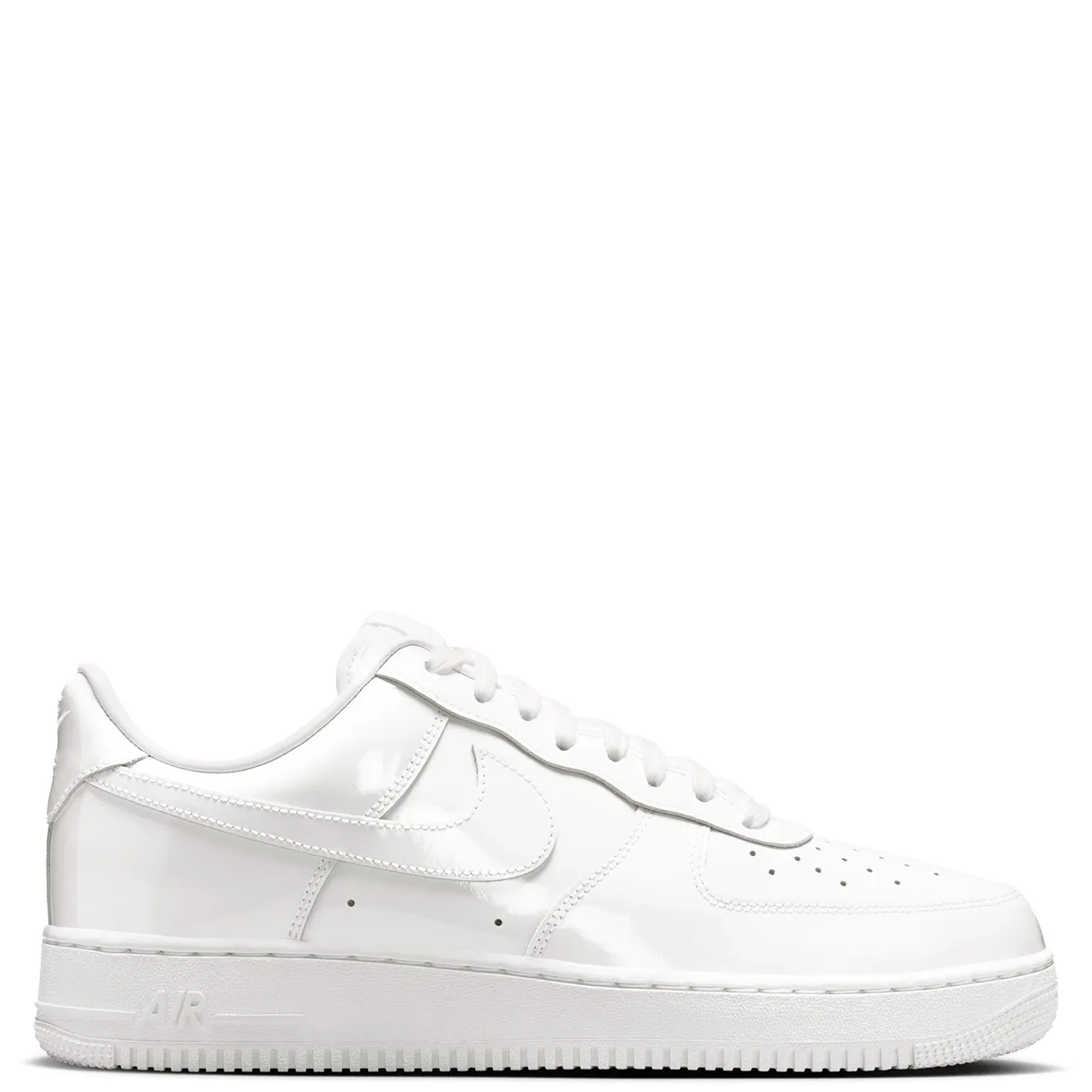 Full lateral side view of white patent leather Nike Air Force 1 sneakers