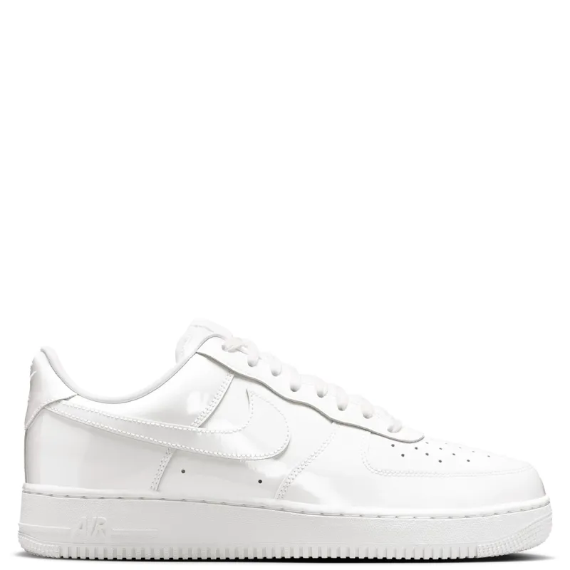 Full lateral side view of white patent leather Nike Air Force 1 sneakers