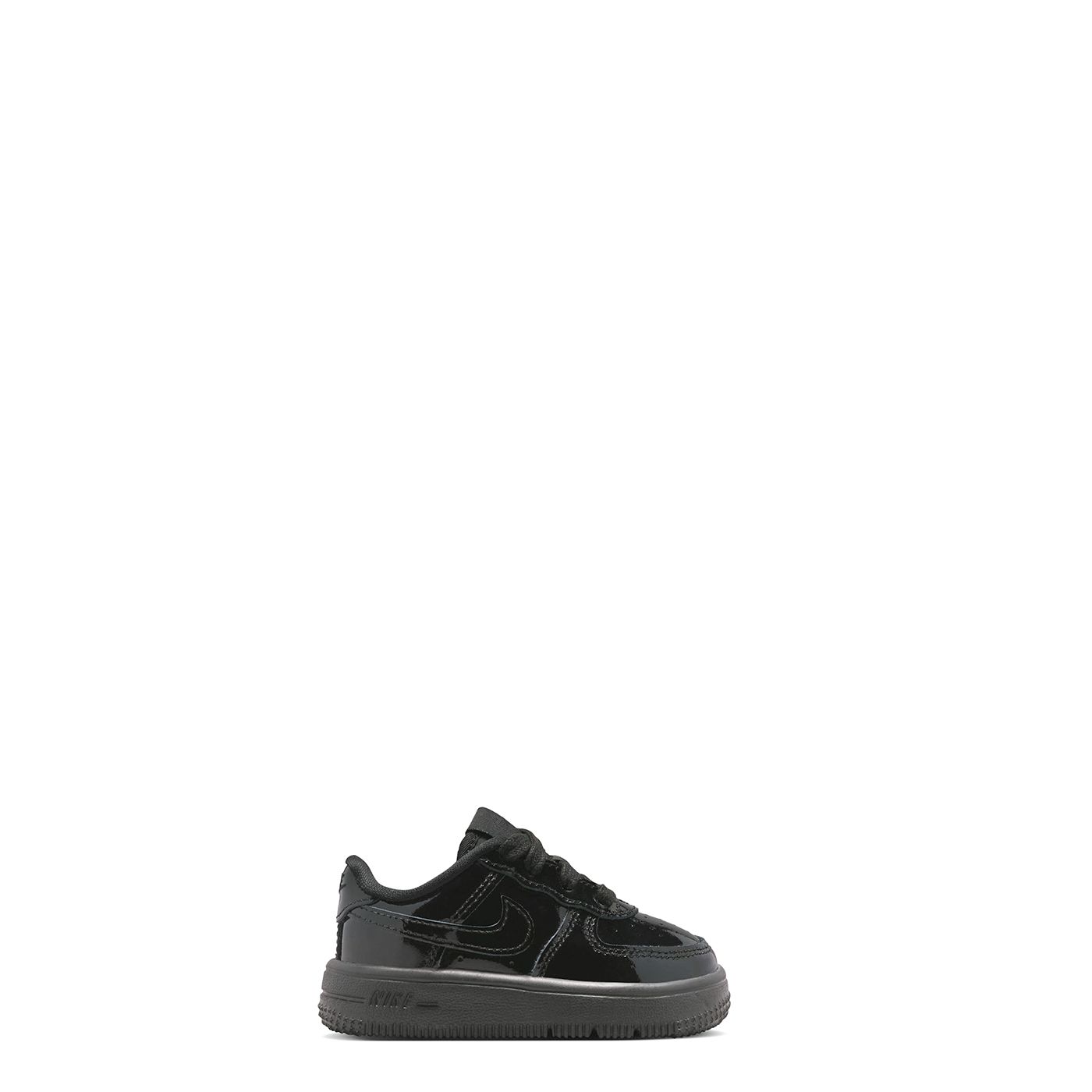 Full side view of Nike Force 1 Low Patent Leather TD in Black/Black colorway