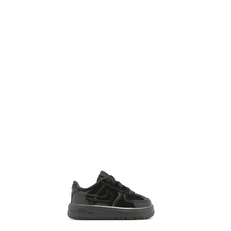 Full side view of Nike Force 1 Low Patent Leather TD in Black/Black colorway