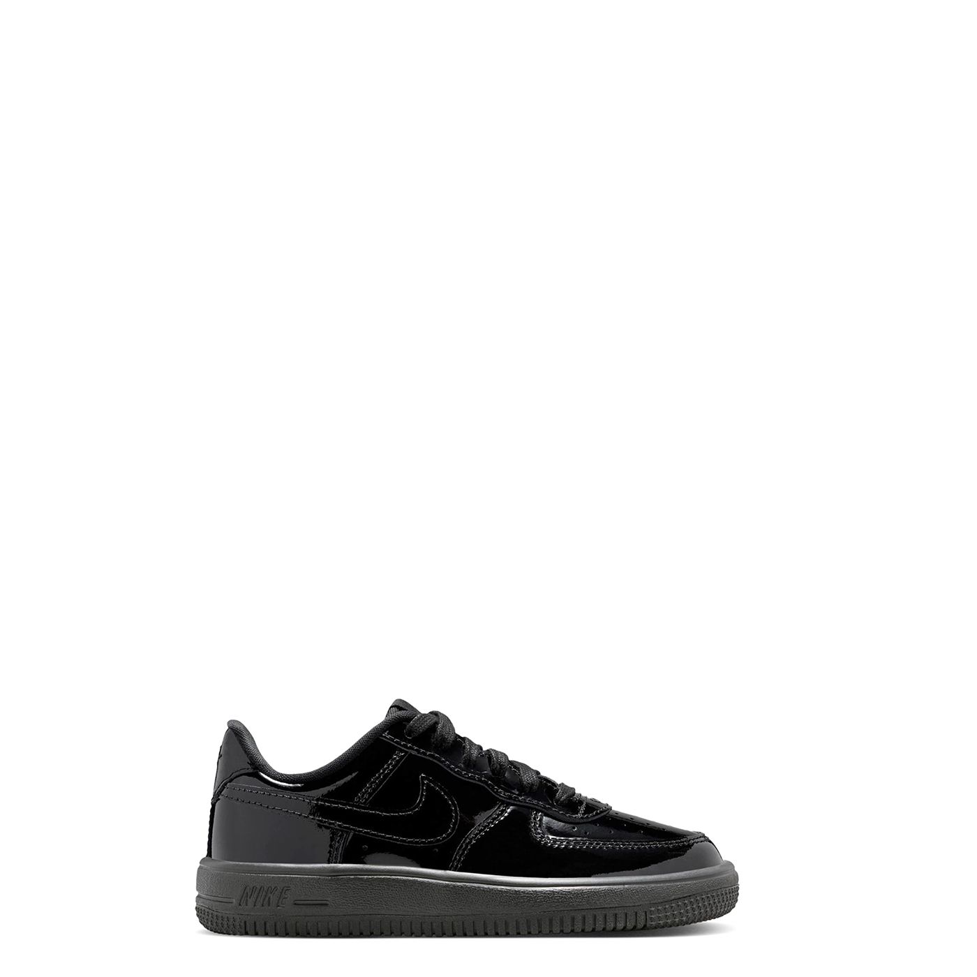 Full lateral side view of Nike Force 1 Low Patent Leather PS in Black/Black colorway