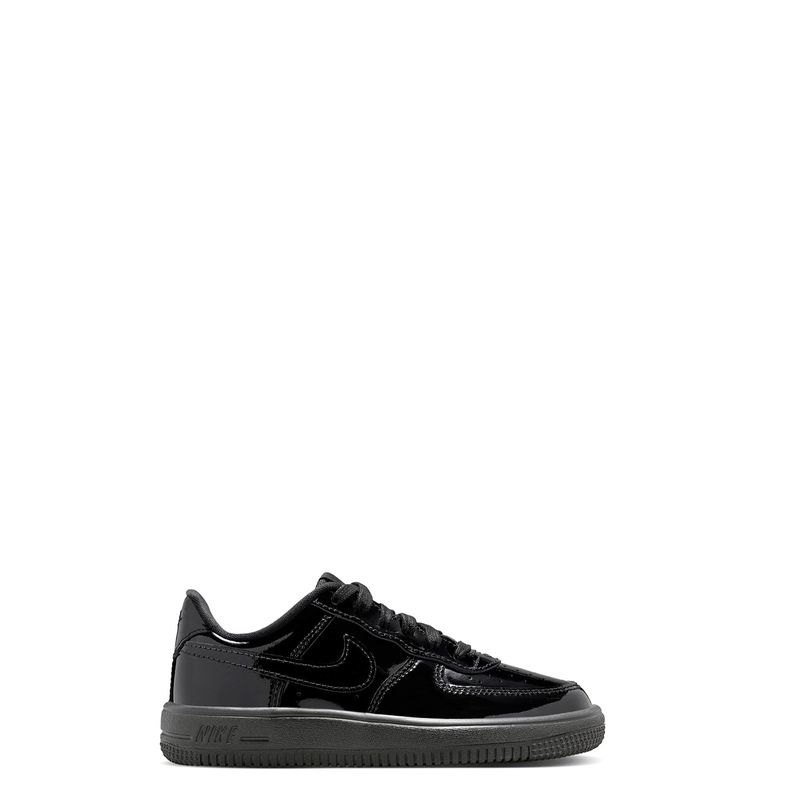 Full lateral side view of Nike Force 1 Low Patent Leather PS in Black/Black colorway