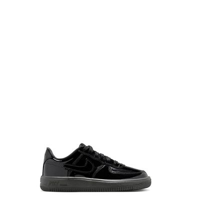 Full lateral side view of Nike Force 1 Low Patent Leather PS in Black/Black colorway