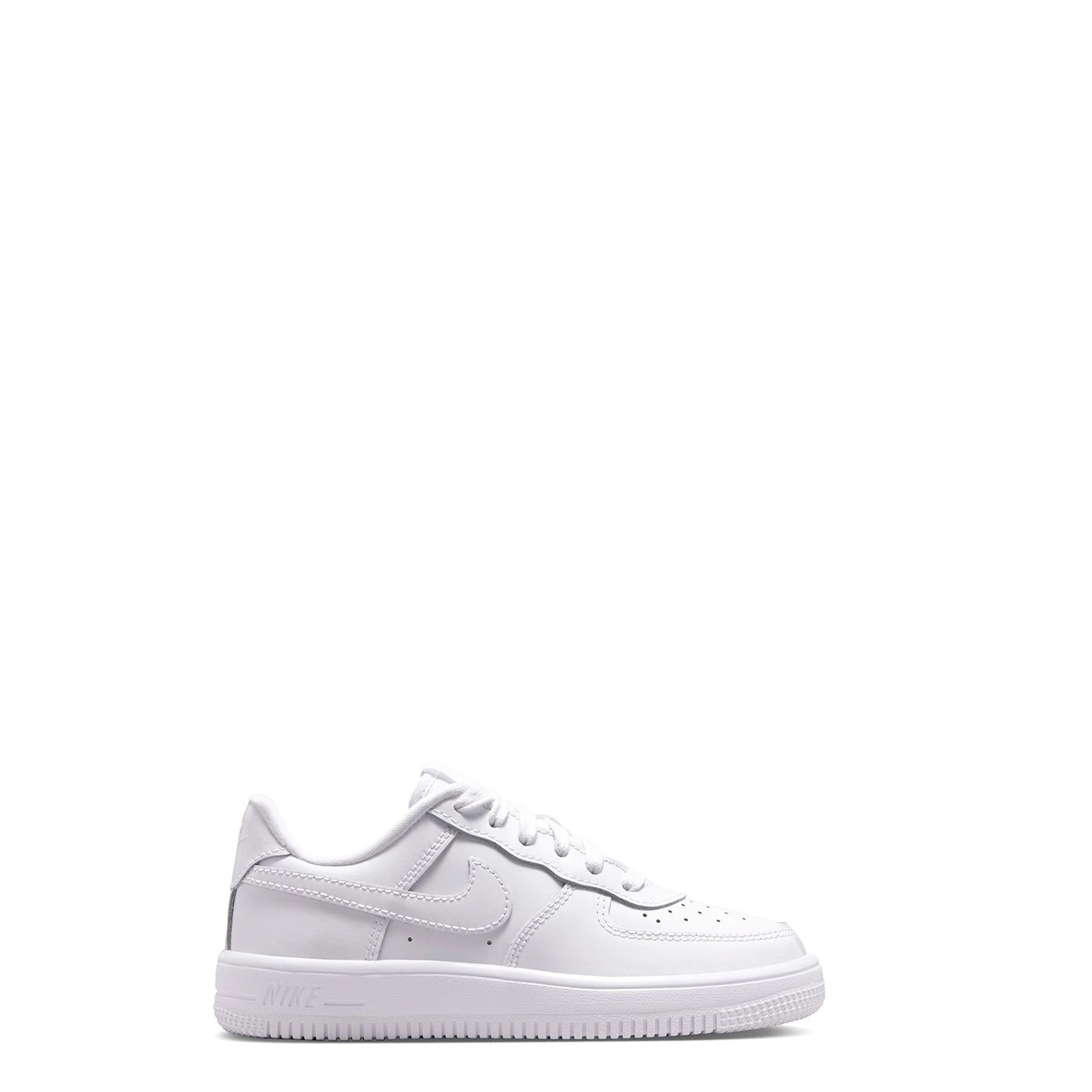 Full lateral side view of Nike Force 1 Low Patent Leather PS in White/White colorway