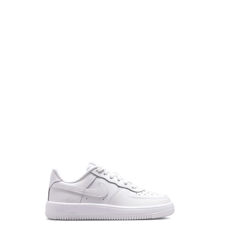 Full lateral side view of Nike Force 1 Low Patent Leather PS in White/White colorway