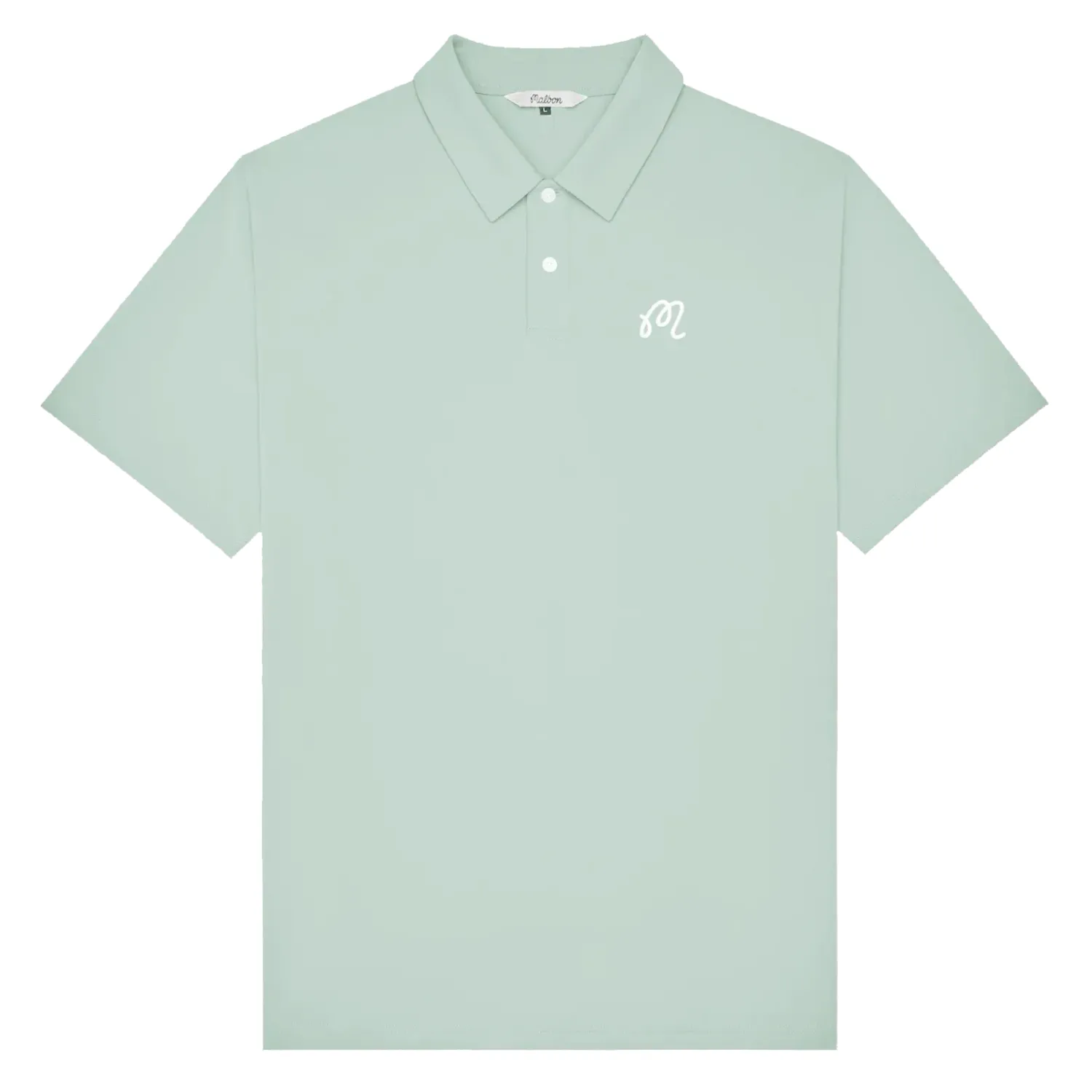 Flat lay front view of Malbon Golf Fairway Polo in Surf Spray with button placket and embroidered logo