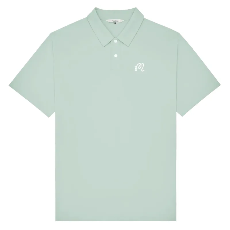 Flat lay front view of Malbon Golf Fairway Polo in Surf Spray with button placket and embroidered logo