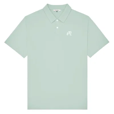 Flat lay front view of Malbon Golf Fairway Polo in Surf Spray with button placket and embroidered logo