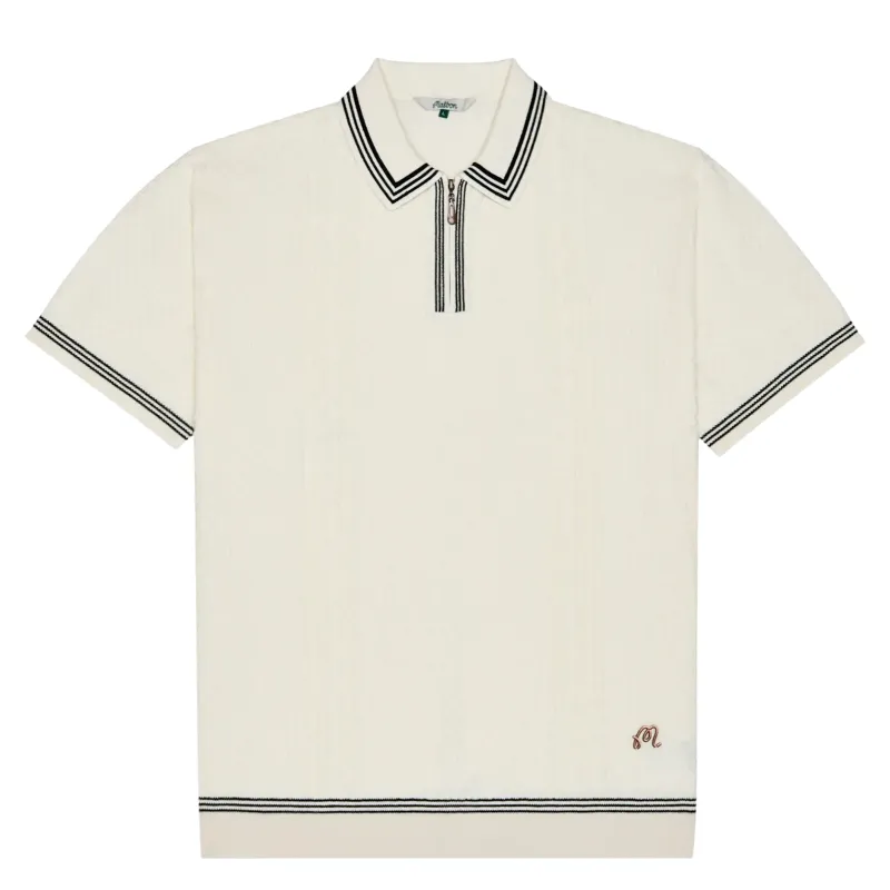 Flat lay front view of Malbon Golf Navarro Polo in Cream with contrast trim