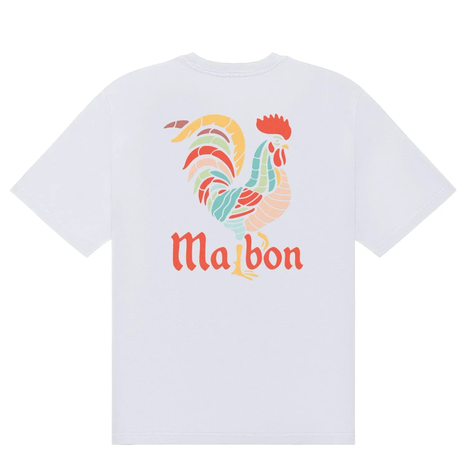 Flat lay back view of Malbon Golf Bermuda Rooster Tee in White with colorful rooster graphic
