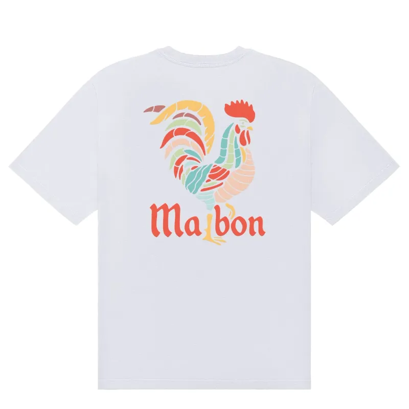 Flat lay back view of Malbon Golf Bermuda Rooster Tee in White with colorful rooster graphic