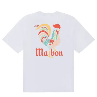 Flat lay back view of Malbon Golf Bermuda Rooster Tee in White with colorful rooster graphic