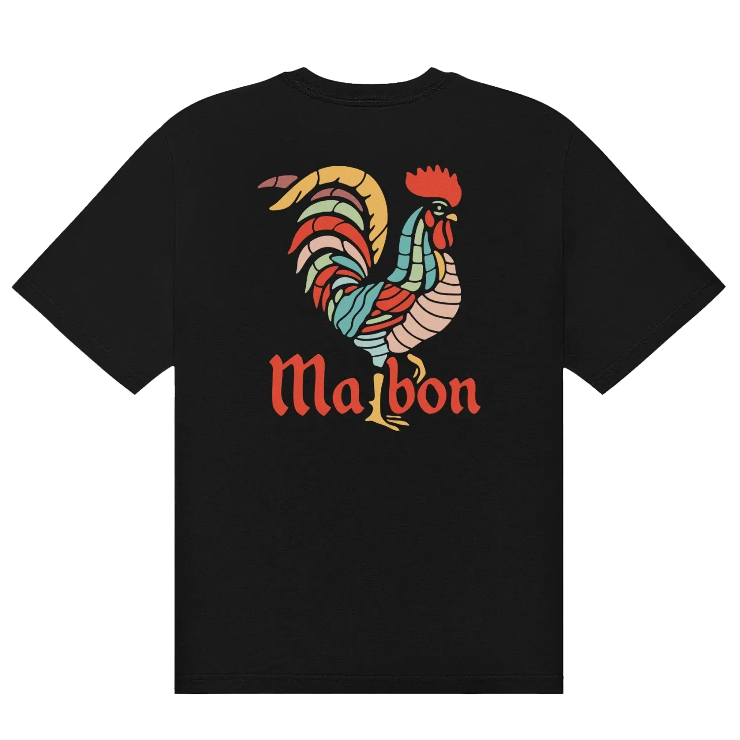 Flat lay back view of Malbon Golf Bermuda Rooster Tee with large graphic print