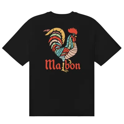 Flat lay back view of Malbon Golf Bermuda Rooster Tee with large graphic print